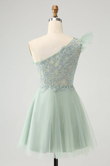 Lindo vestido de cóctel de tul Dusty Sage A Line con apliques